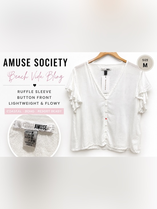 Amuse Society Tops - Amuse Society Beach Vida Bling White Ruffle Sleeve Button Front Blouse M NWT